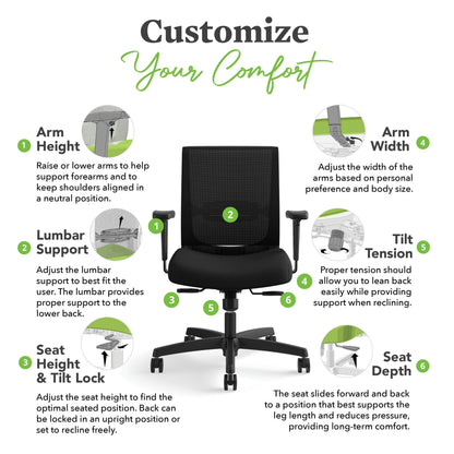 HON Convergence Ergonomic Office Chair with Mesh Back, Adjustable Arms, Lumbar Support, Synchro‑Tilt Desk Chair with Wheels for Home Office or Computer Use, Black Frame, Apricot