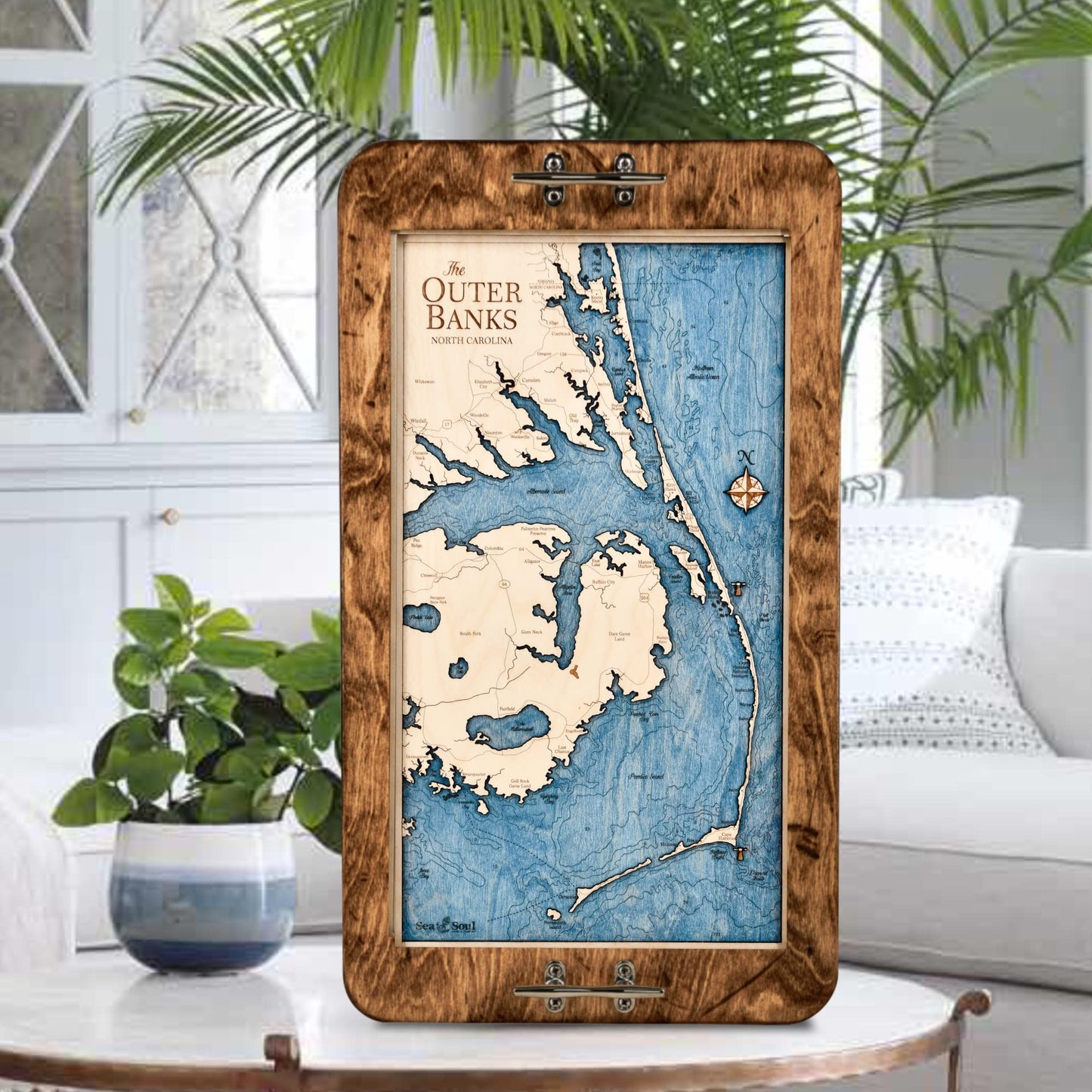 Outer Banks 3D Wood Map Nautical Decor Serving Tray & Wall Art, OBX Coastal Home Decor, Nautical Ottoman Tray, Handcrafted in The USA, 13 x 24.5-in (Distressed Coffee/Deep Blue)