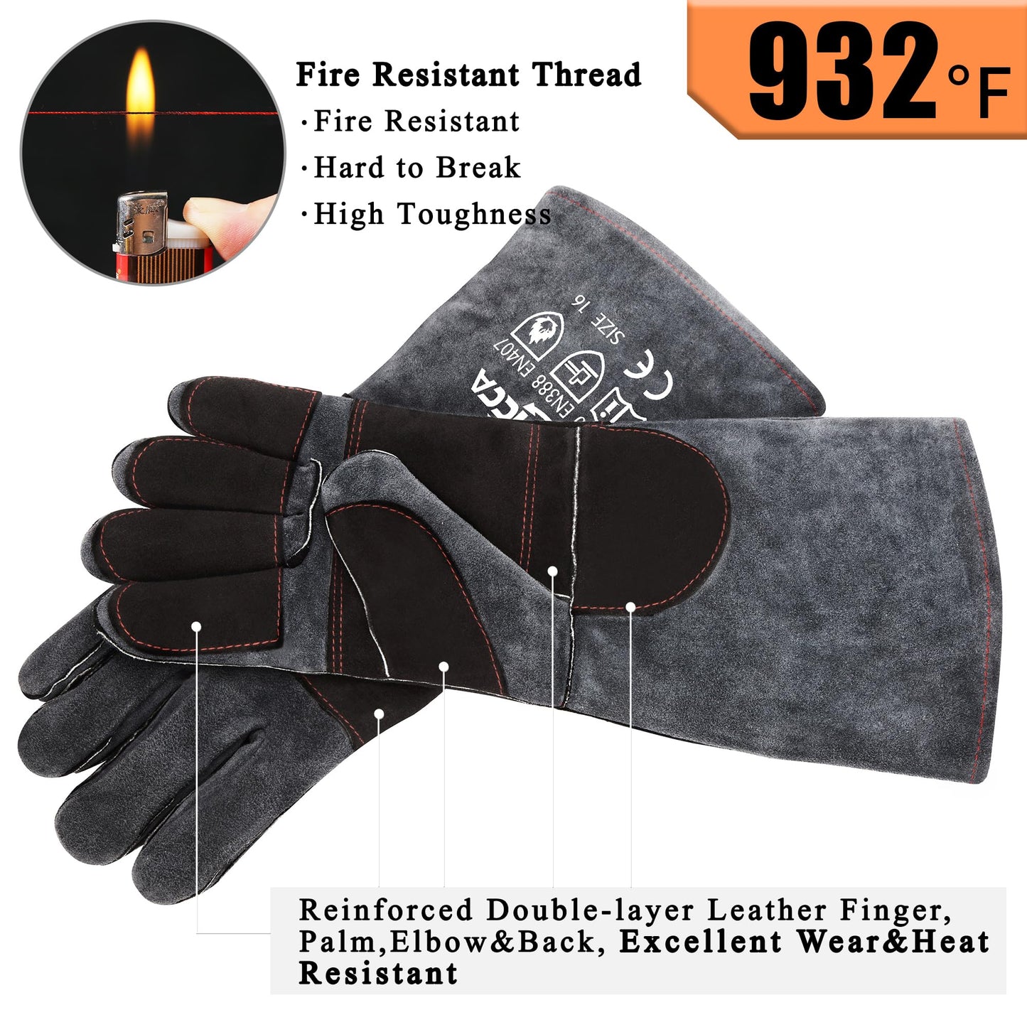 Fireplace Gloves Fire Heat Resistant: Dark-Grey 16IN 932℉ - Fireproof Leather for Fireplace Fire Pit Wood Stove Campfire Furnace BBQ Grill Oven Stick Mig Welding Welder Gear - Birthday Gift XL