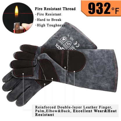 Fireplace Gloves Fire Heat Resistant: Dark-Grey 16IN 932℉ - Fireproof Leather for Fireplace Fire Pit Wood Stove Campfire Furnace BBQ Grill Oven Stick Mig Welding Welder Gear - Birthday Gift XL