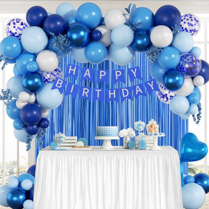 Blue Birthday Decorations for Women Men with Metallic Pastel Navy Blue Confetti White Foil Balloons Fringe Curtain Banner for 1st 15th 16th 18th 21st 25th Men Birthday Decorations