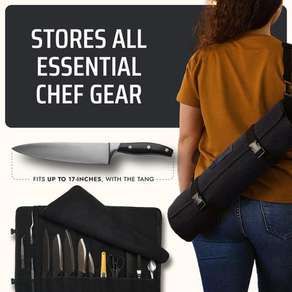 Asaya Waxed Canvas Chef Knife Roll Bag with 10 Slots and a Zipper Pocket - Professional Chef Knife Bag & Storage Case, with Shoulder Strap - Knives Not Included (Black)