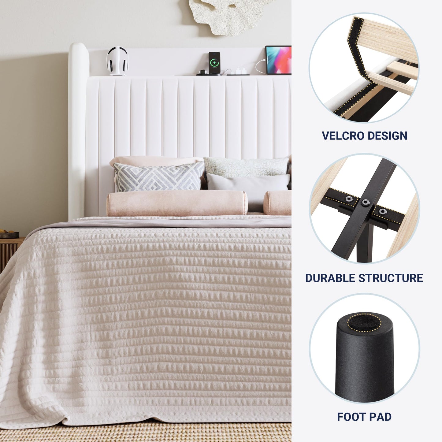 Allewie King Size Platform Bed Frame with USB Charging Station and Storage Shelf/Upholstered Velvet Wingback Headboard/Wooden Slats Support/No Box Spring Needed/Easy Assembly, White