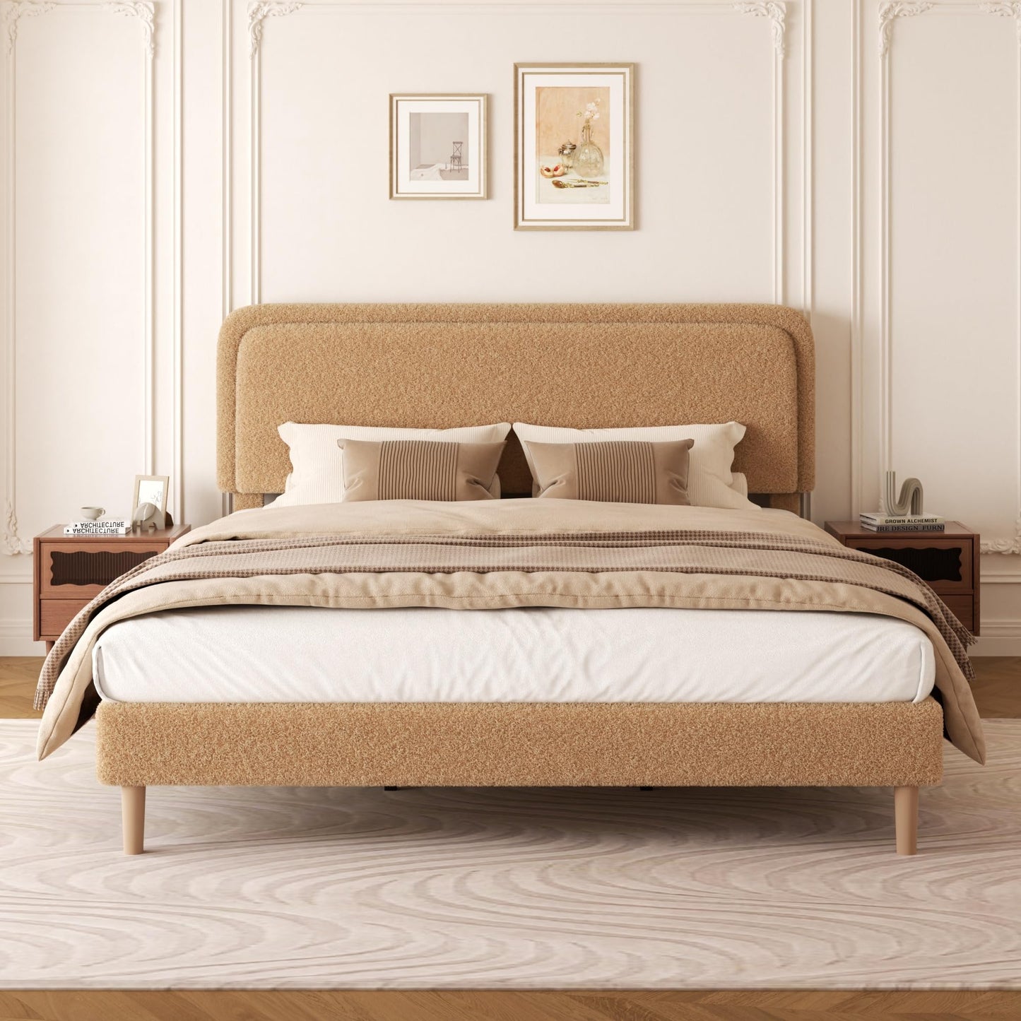 viplov King Size Boucle Upholstered Platform Bed Frame with Adjustable Headboard, Soft Cloud Bed, No Box Spring Needed, Noise Free, Easy Assembly, Brown