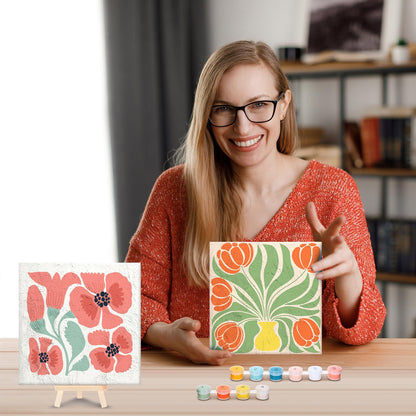 RoundFunny 8 Set Paint by Numbers Kit for Adults with 8x8 Inch Mini Simple Painting Canvas Wooden Frame Easel Acrylic Paints Brushes Funny Numbers Drawing Kit for Gift Home Wall Decor(Simple Blossom)