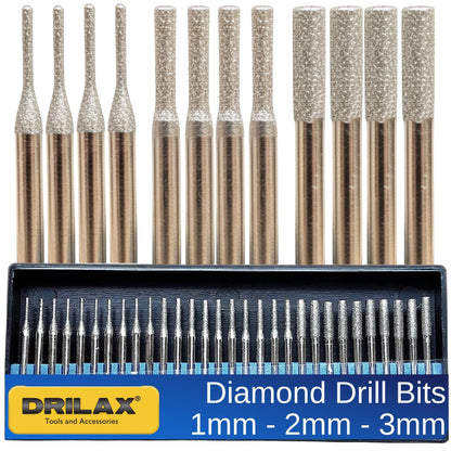 Drilax Diamond Drill Bits for Stone and Glass – 30 Pc Set (1mm, 2mm, 3mm) 1/8 Shank for Dremel & Rotary Tools – Jewelry Making, Gemstone, Sea Glass and Lapidary Drill Bits Kit