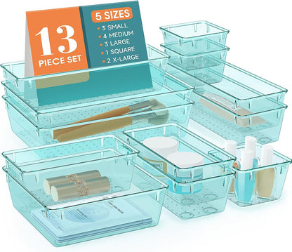 WOWBOX 13 PCS Plastic Drawer Organizer Set, 5 Sizes for Makeup, Jewelry, Gadgets, Kitchen, Bedroom, Office
