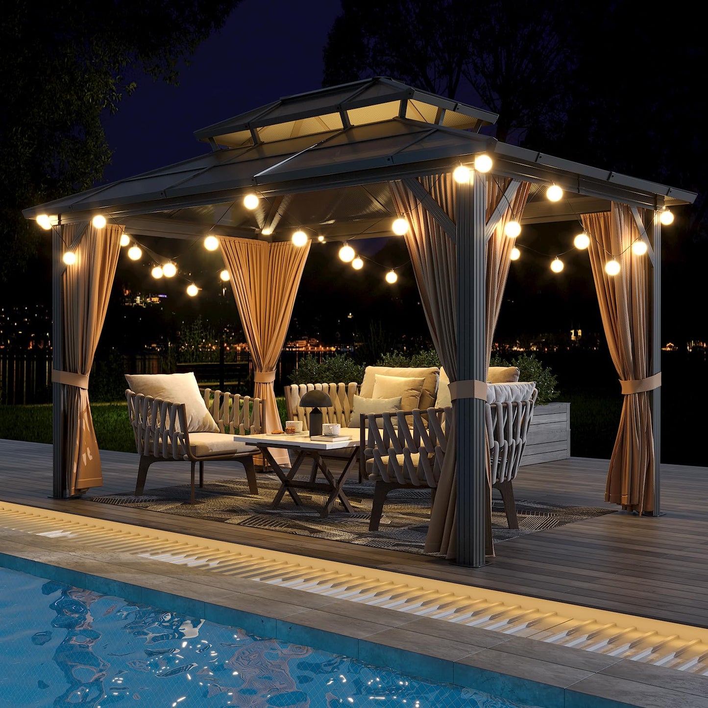 10'x13' Hardtop Gazebo, Outdoor Polycarbonate Double Roof Canopy, Aluminum Frame Permanent Pavilion with Curtains and Netting, Sunshade for Garden, Patio, Lawns (10x13ft)