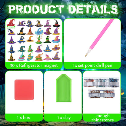 Motipuns 30 Pcs Halloween Diamond Painting Magnets Kits Glow in The Dark Witch Hat Diamond Art Fridge Magnet Refrigerator Sticker for Beginners Kid Adults Home Decors DIY Art Craft Gifts