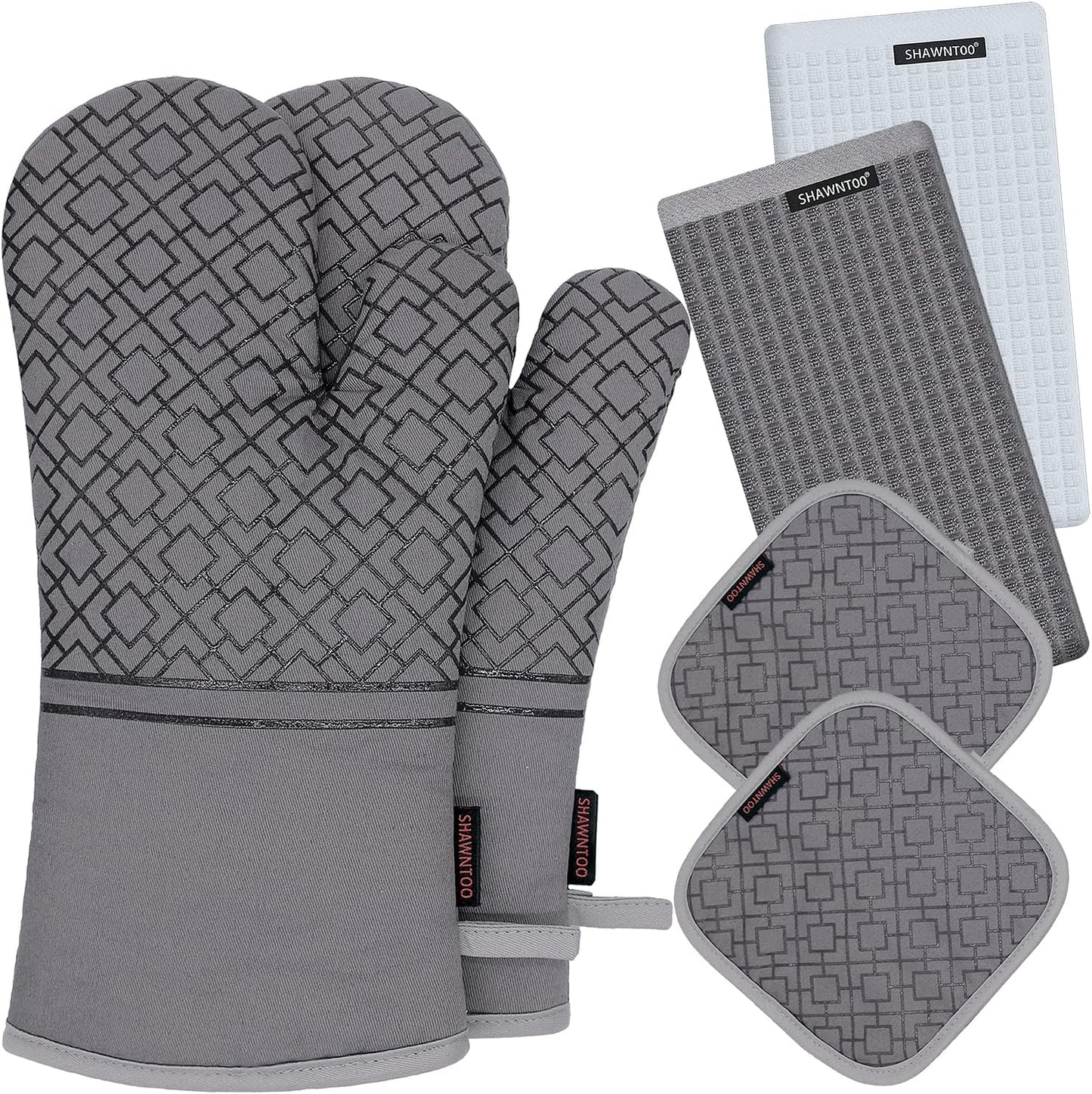 Oven Mitts and Pot Holders Set, 6pcs High Heat Resistant 550 Degree Oven Gloves with Non-Slip Silicone Surface