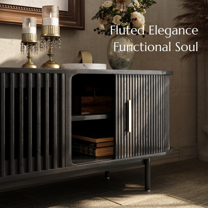 POVISON Fully-Assembled Mid Century Modern TV Stand for 65 inch TV, Sliding Door Entertainment Center with Storage, Wood TV Console, Media Console for Living Room Bedroom(Black, 70.87")