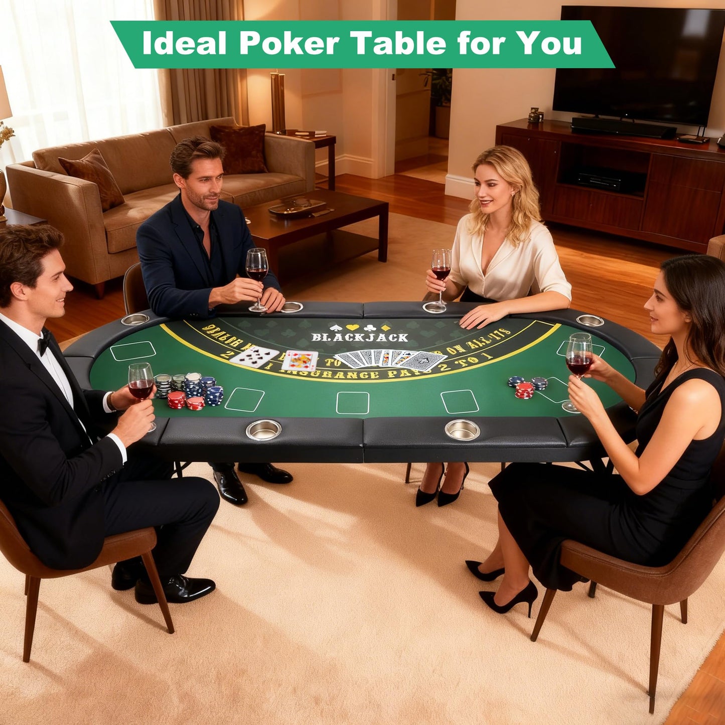 LaiSeeCian 8 Players Foldable Poker Table with Cup Holders, Collapsible Texas Holdem Poker Table with Reversible Game Mat, Suitable for Home Party, Casino, Poker Night, etc.