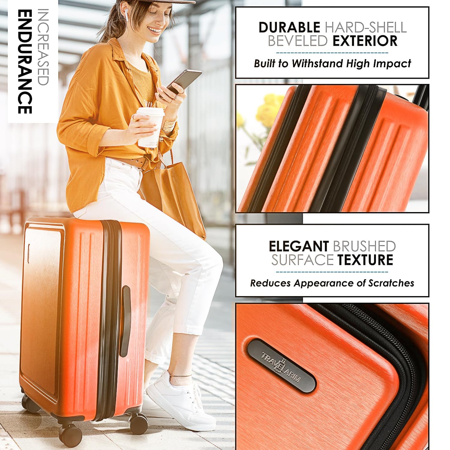 TRAVELARIM Orange Hardshell Luggage Sets 4 Piece, Durable Suitcase Set, Travel Luggage Set with Integrated TSA Lock, 360° Spinner Wheels, Expandable Medium and Large Checked Suitcase, 20/24/28 Inch