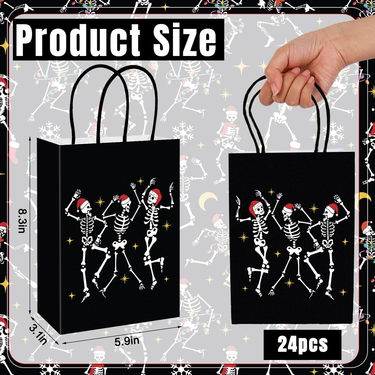 JarThenaAMCS 24Pcs Gothic Christmas Gift Bags with Handles Black Dancing Skeleton Candy Goodie Bags for Xmas Gothic Party Favors Supplies