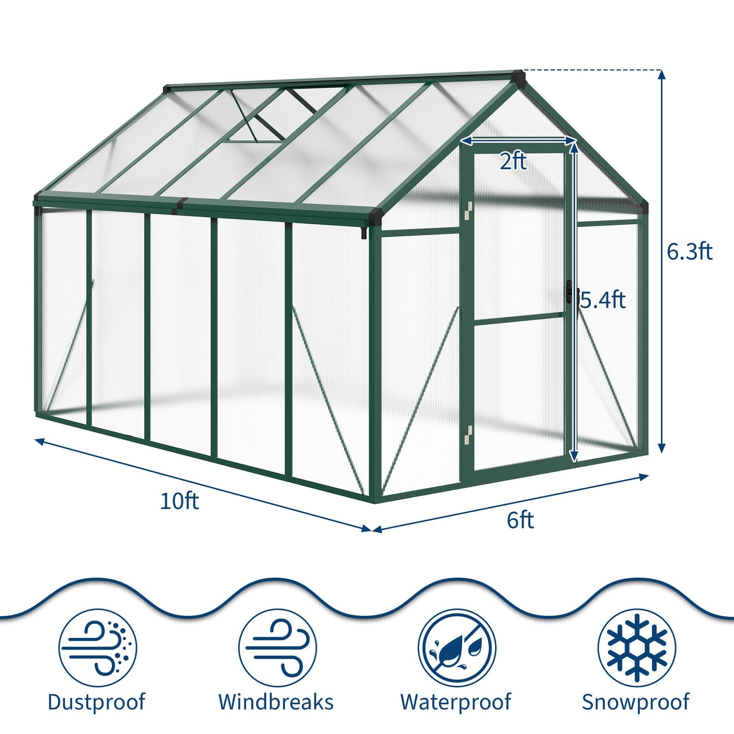 GarveeHome 6X10 FT Greenhouse for Outdoors, Large Walk-in Polycarbonate Greenhouse Kit, Aluminum Frame, Lockable Door, Roof Vent, Ground Spikes, for Garden, Patio, Backyard, Outdoor Plant Growth