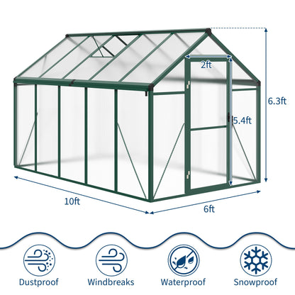 IDEALHOUSE 6×10 FT Greenhouse, Large Walk in Greenhouses for Outdoors and Garden Planting, Polycarbonate Greenhouse with Enhanced Aluminum Frame, Green Houses with Quick Setup Structure and Roof Vent