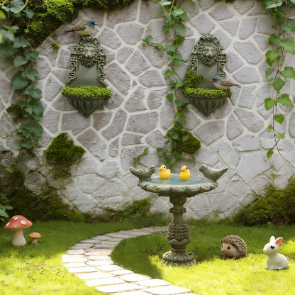 iLAND 1/12 Scale Garden Accessories Outdoor Miniature Birdbath Fountain & 2 Lion Wall Reliefs Mini Ornaments for Garden Dollhouse Décor Dollhouse Accessories