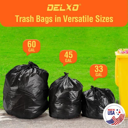 Delxo 30-33 Gallon Trash Bags, 250 Count – Medium Duty Garbage Bags, Thick, Durable & Puncture-Resistant Plastic Bolsas para basura, Perforated Design– Made in USA for Kitchen, Yard, Office (Black)