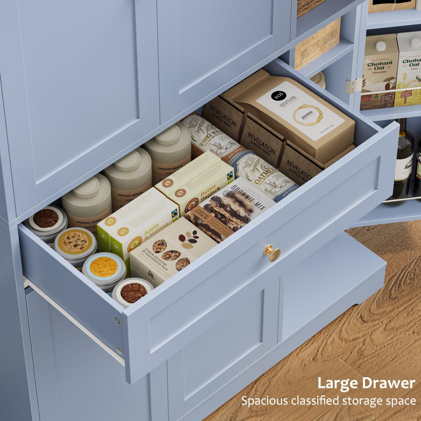 HOSTACK 68" Tall Kitchen Pantry Storage Cabinet, Modern Kitchen Hutch Cabinet with Doors and Shelves, Freestanding Food Pantry with Large Storage Drawer for Dining Room, Living Room, Light Blue