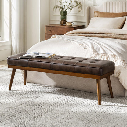 HULALA HOME 55.5" Genuine Leather Bench, Button-Tufted Entryway Bench with Solid Wood Legs, Upholstered End of Bed Bench for Bedroom, Chocolate