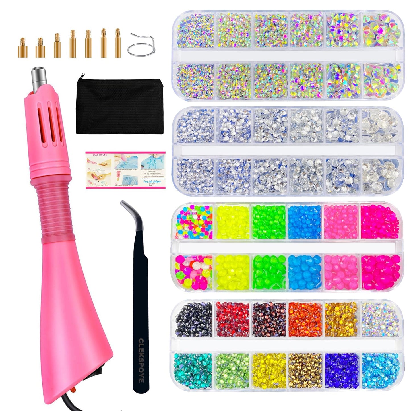 CLEKSPOYE Hotfix Rhinestone Applicator, Iron-on Hot Fix Setter Tool Bedazzler Kit with Rhinestones,Hot Fixed Wand for Clothes Clothing Fabric Crafts,Pink Set