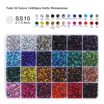 BEADSLAND Hotfix Rhinestones Mixed 24 Colors, SS10 Rhinestones for Crafts Clothes, Hotfix Crystals with 1 Tweezers, 1 Wax Pencil and 1 Spoon