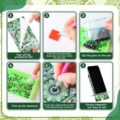 Saillong 6 Pcs Sage Green Mandala Diamond Painting Cell Phone Stand DIY Full Drill Crystal Diamond Art Phone Holder Bling Painting Art Craft Kits for Beginner Adult