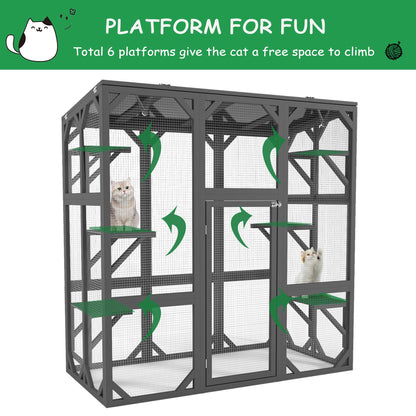 Ball & Cast 59" Wooden Catio Enclosure Outdoor Cat House with Anti-UV& Waterproof, Platforms and Resting Boxes Walk-in Cat Kennel Shelter for Indoor,Dark Grey