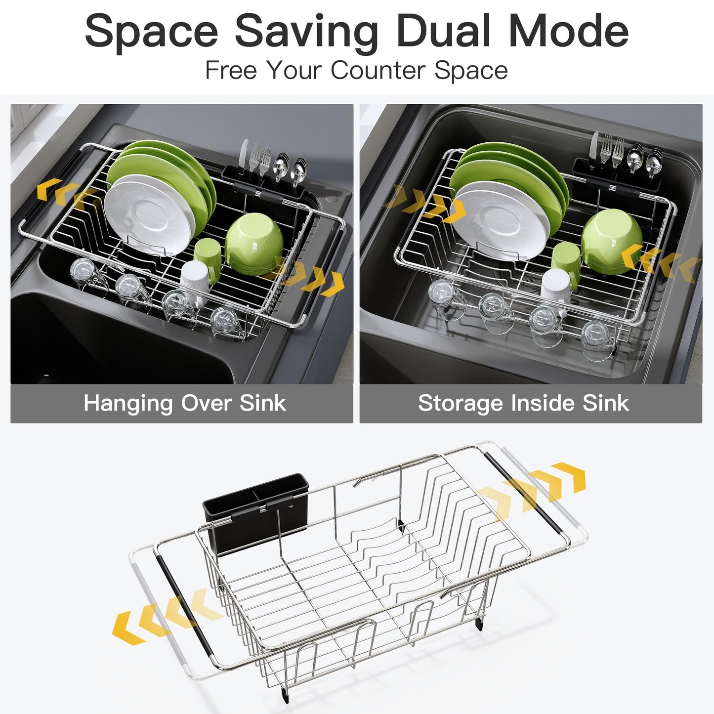 JASIWAY Dish Drying Rack in Sink, Expandable Stainless Steel Dish Drainers for Kitchen Counter, Dish Dryer Rack for Inside Sink, Over The Sink Dish Racks with Utensil Holder, Silver
