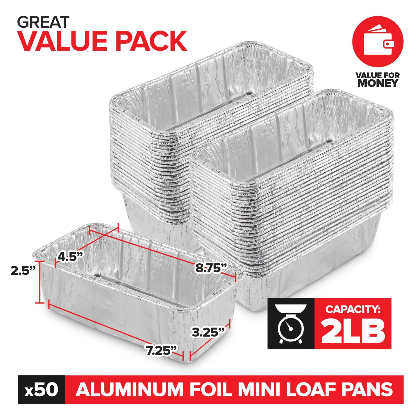 Stock Your Home 2 Lb Aluminum Foil Mini Loaf Pans (50 Pack) Disposable Small Loaf Pan – 2 Pound Baking Tin Liners, Perfect to Bake Cakes, Bread Loaves, and Meat - 8.5 x 4.5 x 2.5