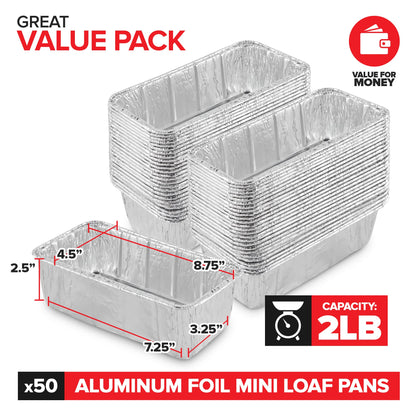 Stock Your Home 2 Lb Aluminum Foil Mini Loaf Pans (50 Pack) Disposable Small Loaf Pan – 2 Pound Baking Tin Liners, Perfect to Bake Cakes, Bread Loaves, and Meat - 8.5 x 4.5 x 2.5