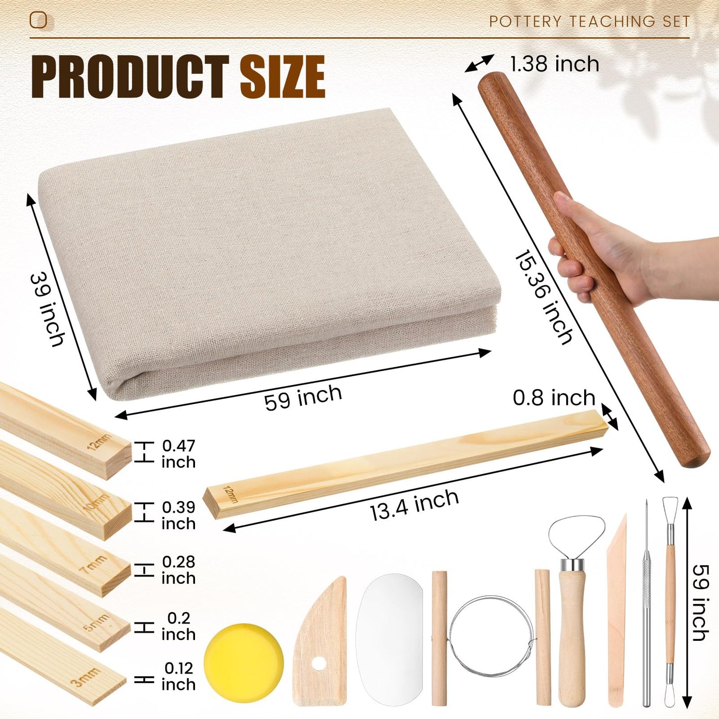 Baderke 20 Pcs Pottery Teaching Set, Includes 1 Wooden Rolling Pin, 10 Pottery Teaching Rolling Mud Stick Guide, 8 Clay Sculpting Tools, 1 Special Linen for Ceramic Clay Making