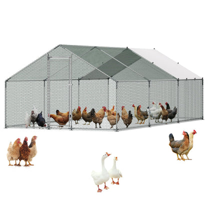 VEVOR Large Metal Chicken Coop, 19.7x9.8x6.5ft Walk-in Chicken Runs for Yard with Cover, Spire Roof Hen House with Security Lock for Outdoor and Backyard, Farm, Duck Rabbit Cage Poultry Pen
