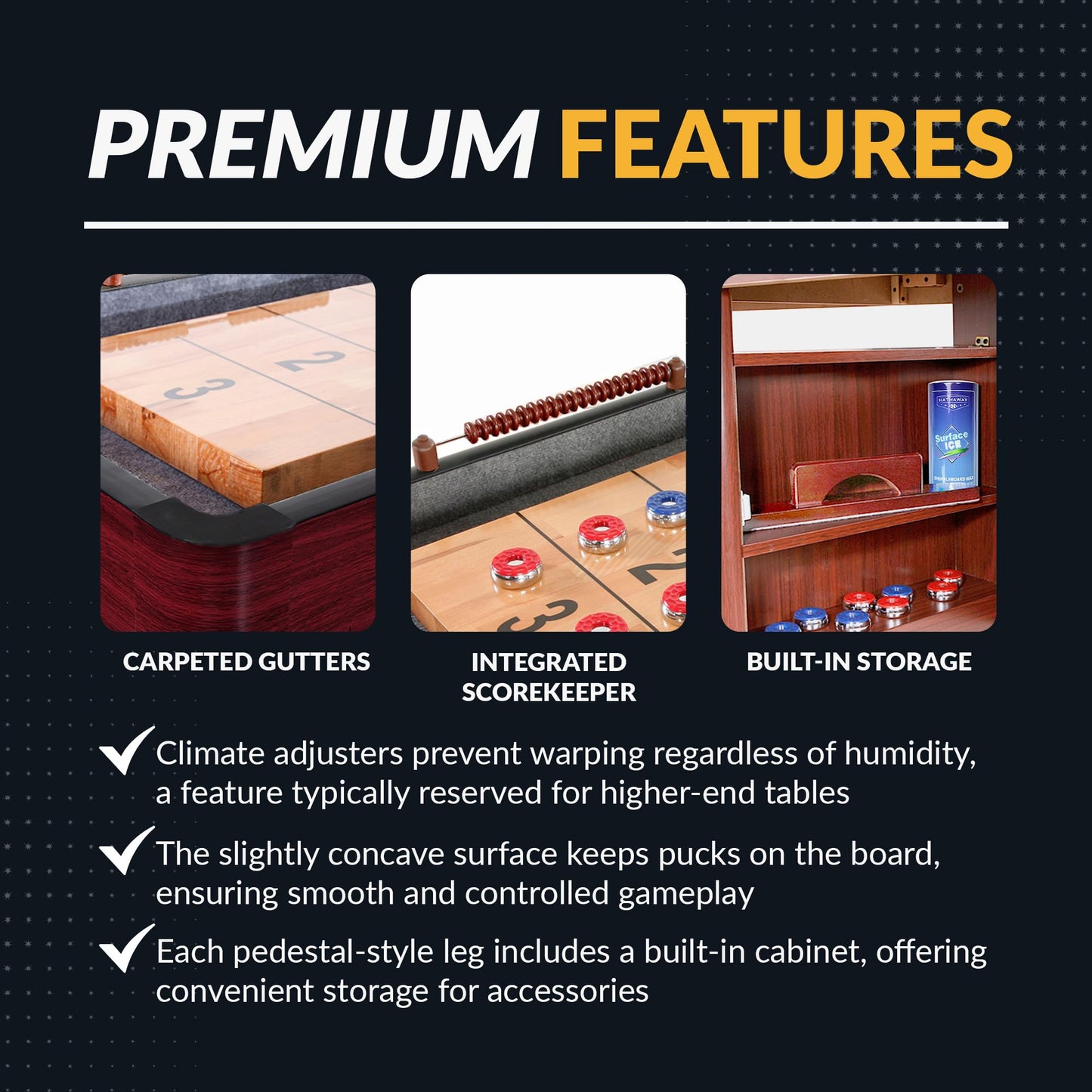 Challenger Shuffleboard Table with Dark Cherry Finish, Hardwood Playfield, Storage Cabinets, Climate Adjusters, Leg Levelers, 8 Pucks, Brush and Wax