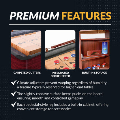 Challenger Shuffleboard Table with Dark Cherry Finish, Hardwood Playfield, Storage Cabinets, Climate Adjusters, Leg Levelers, 8 Pucks, Brush and Wax
