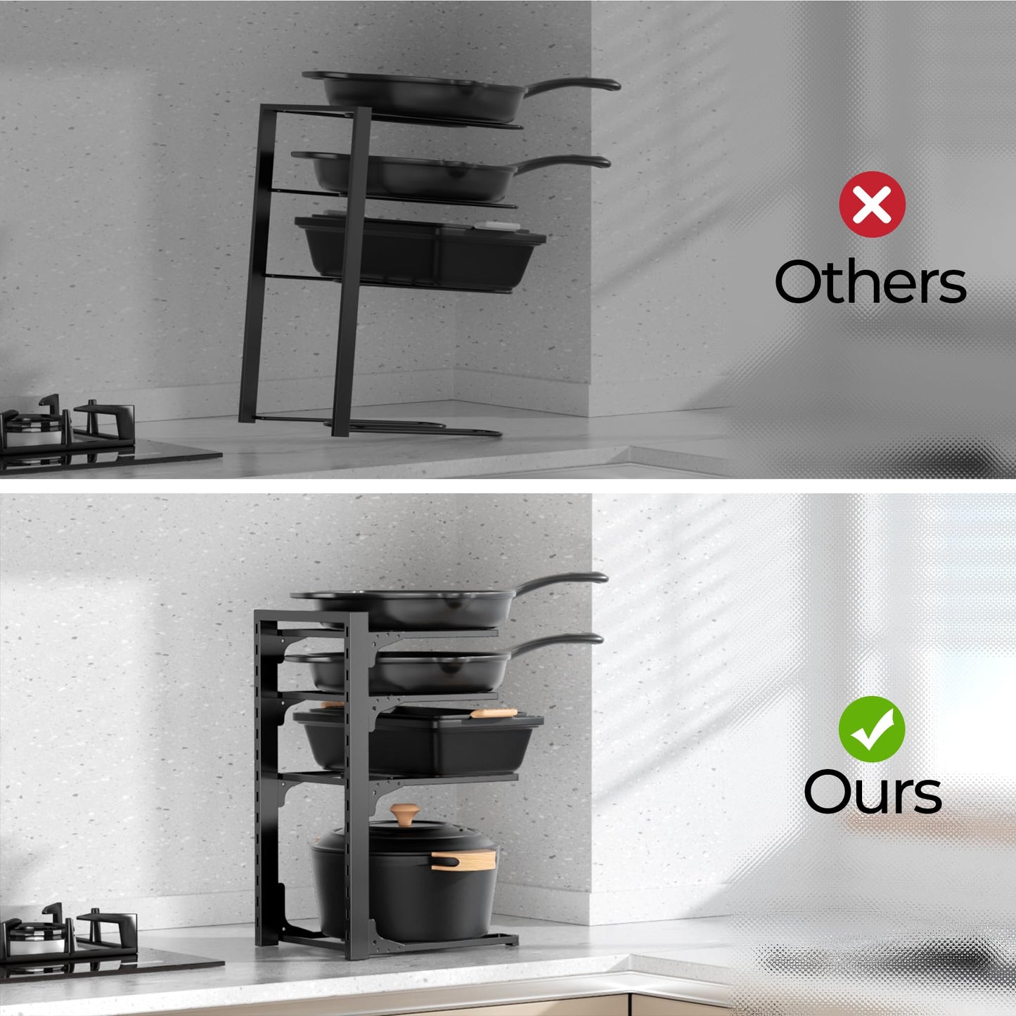 MUDEELA Pots and Pans Organizer under Cabinet 15.75" Tall, 4-Tier Heavy Duty Pan Organizers inside Cabinet Kitchen Storage, Adjustable Pot Rack Holds up to 44 LB Cast Iron Skillets Shallow Cookware