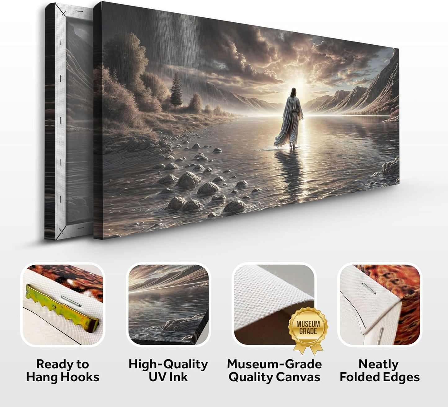 TAILORED CANVASES Jesus Walking on Water Wall Art - Framed Christian Canvas Decor for Home or Church | 48x24