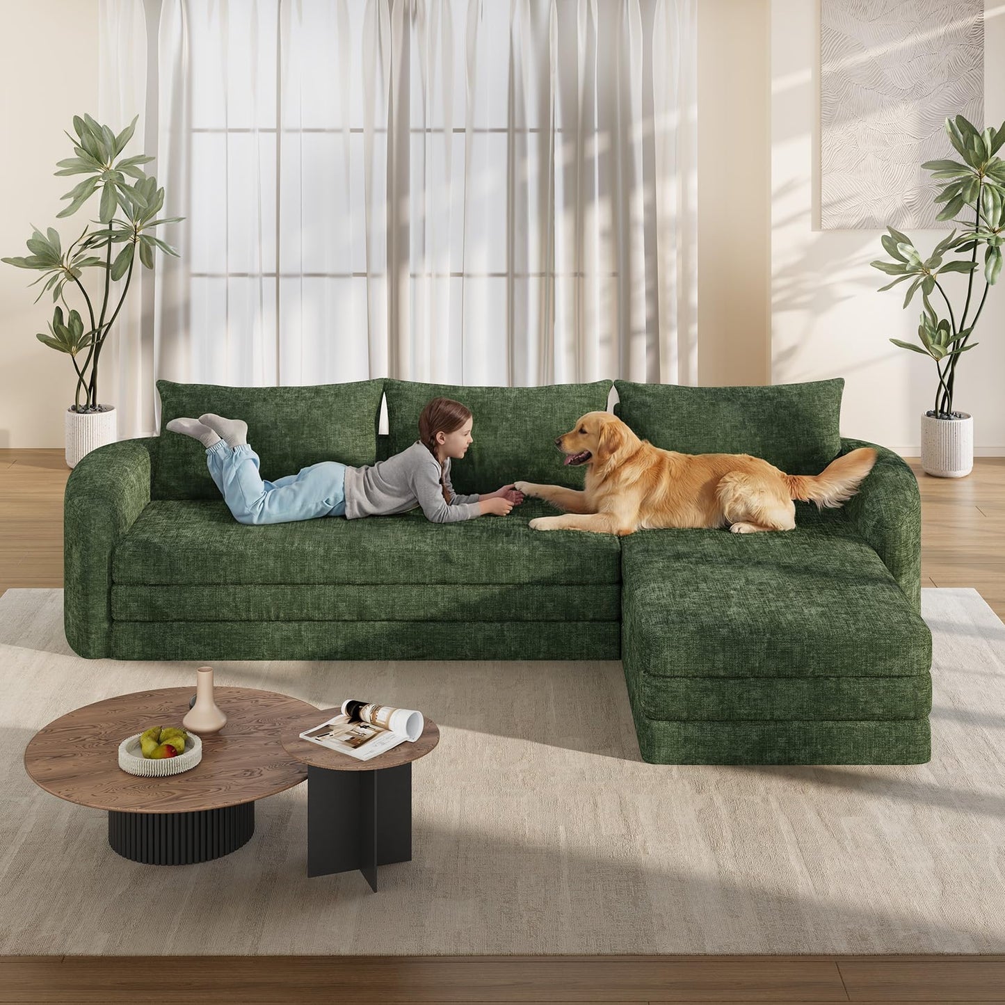Vesgantti 110.2" Boneless Sectional Couch with Curved Armrest, 6 in 1 Convertible Folding Sleeper Sofa Bed, Chenille Modular Sofa for Living Room, No Assembly Required, Green, Right Facing Chaise