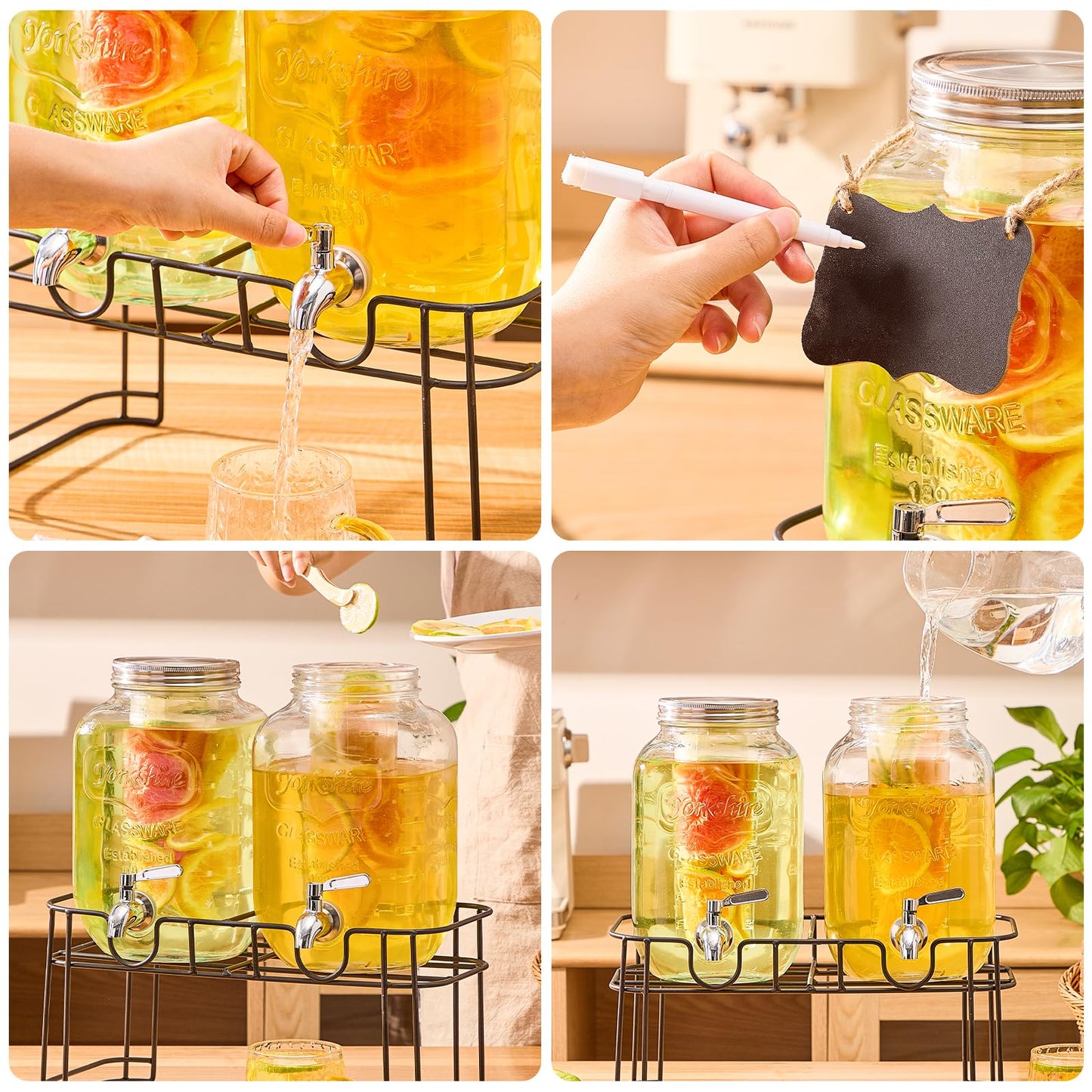 1 Gallon Glass Drink Dispensers for Parties, 2PACK Beverage Dispenser with Stand, Fruit Infuser and Stainless Steel Spigot 100% Leakproof, Beverage Dispenser for Lemonade Sun Tea
