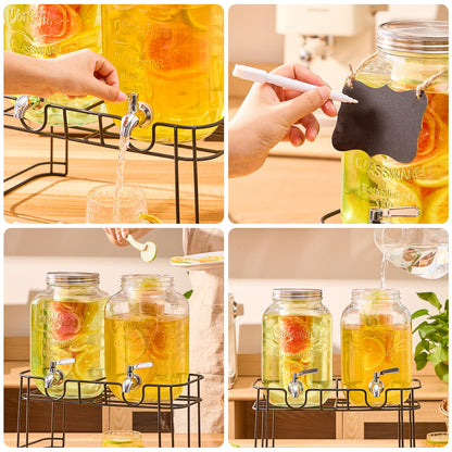 1 Gallon Glass Drink Dispensers for Parties, 2PACK Beverage Dispenser with Stand, Fruit Infuser and Stainless Steel Spigot 100% Leakproof, Beverage Dispenser for Lemonade Sun Tea