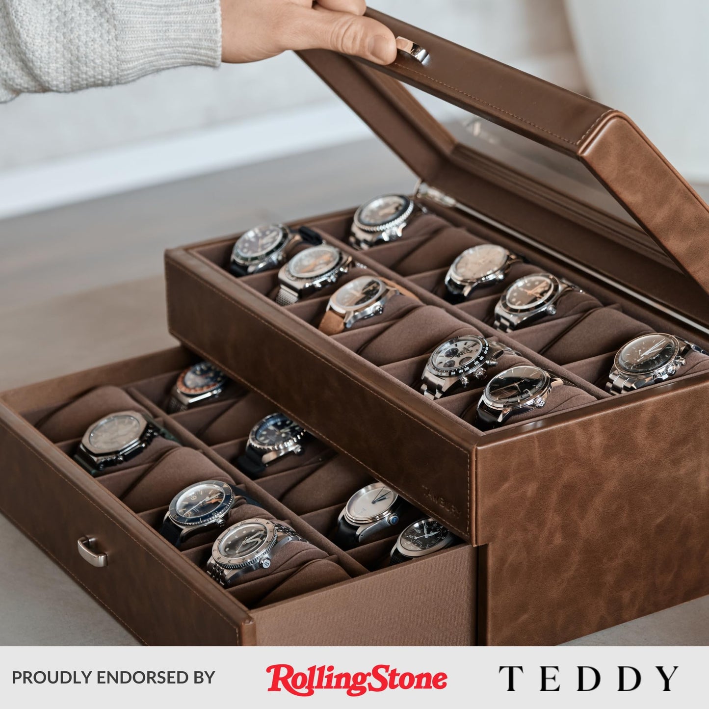 TAWBURY 24 Slot Watch Box for Men - Extra Large Watch Case with Double-Layer Design for Optimized Storage | Removable Drawer for Easy Handling (Brown)