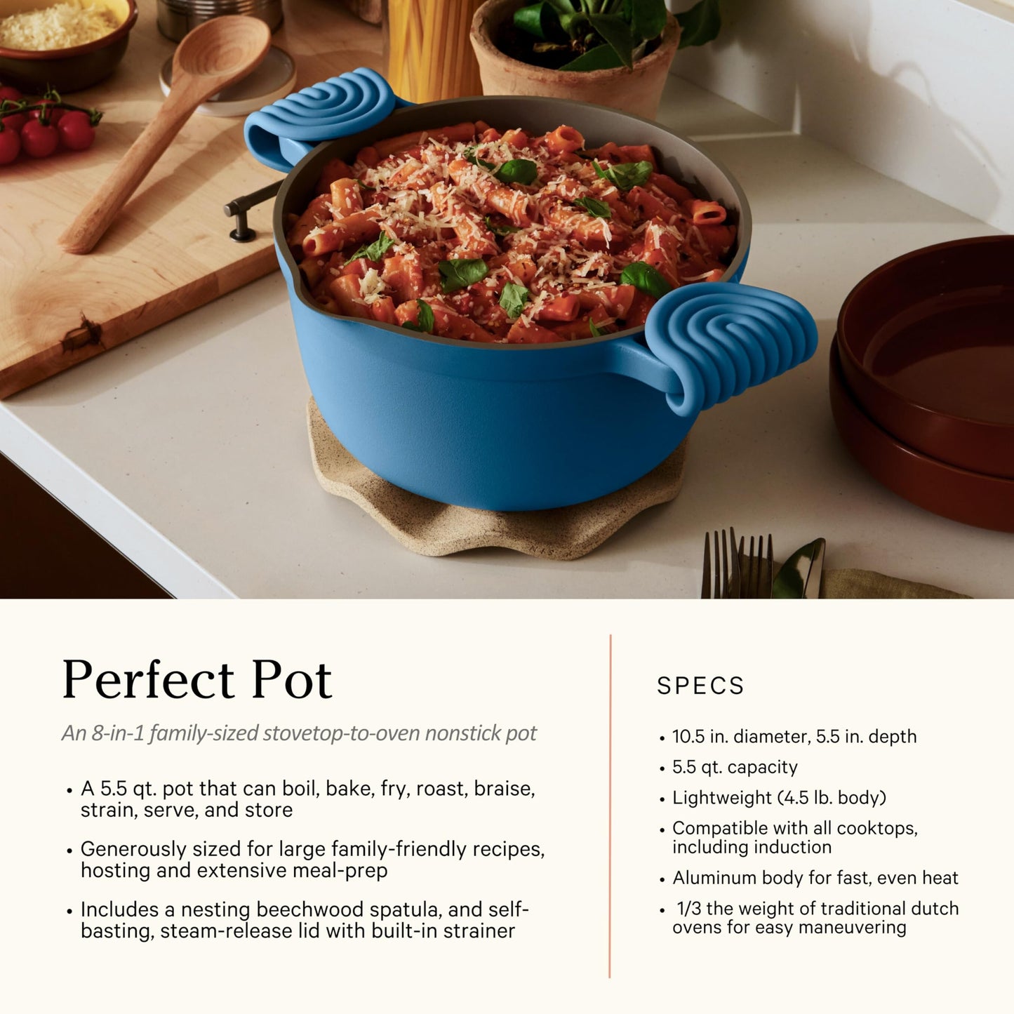 Our Place Cookware Duo | 7-Piece Ceramic Cookware Set with 10.5" Always Pan 2.0, 5.5 Qt Perfect Pot & Strainer Basket | Induction & Oven Safe up to 450°F | Nonstick, Non-Toxic | Forget-Me-Not Blue