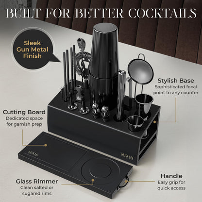 MIXLO HOME Mixology Bartender Kit - 22Pcs Bar Set Cocktail Shaker Set w Black Bar Cart Accessories Stand - Shakers Bartending Gun Metal Black Tools, 24oz Shaker, 17 Recipe Cards, Martini Barware