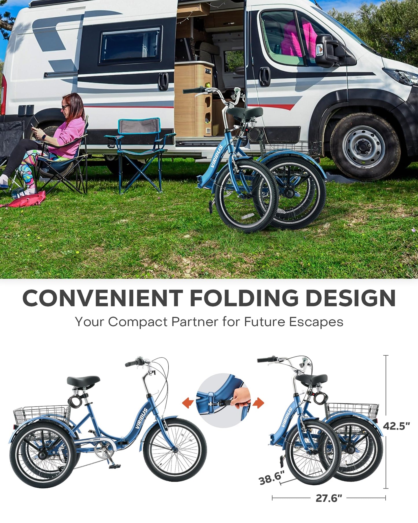 VIRIBUS Folding Tricycle for Adults, 20 inch 7 Speed Foldable Adult Tricycle for Men Seniors with Dual Chain, Folding 3 Wheel Bike with Lock, Collapsible Three Wheel Bicycle 330lb. Blue
