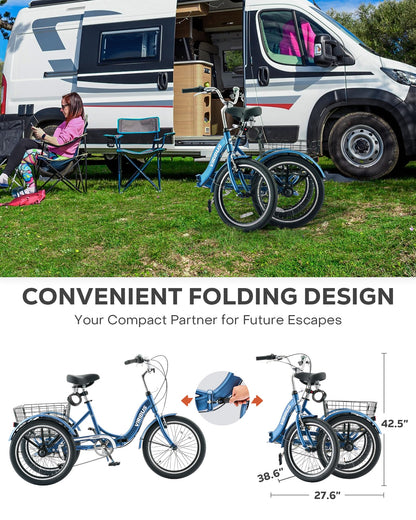 VIRIBUS Folding Tricycle for Adults, 20 inch 7 Speed Foldable Adult Tricycle for Men Seniors with Dual Chain, Folding 3 Wheel Bike with Lock, Collapsible Three Wheel Bicycle 330lb. Blue
