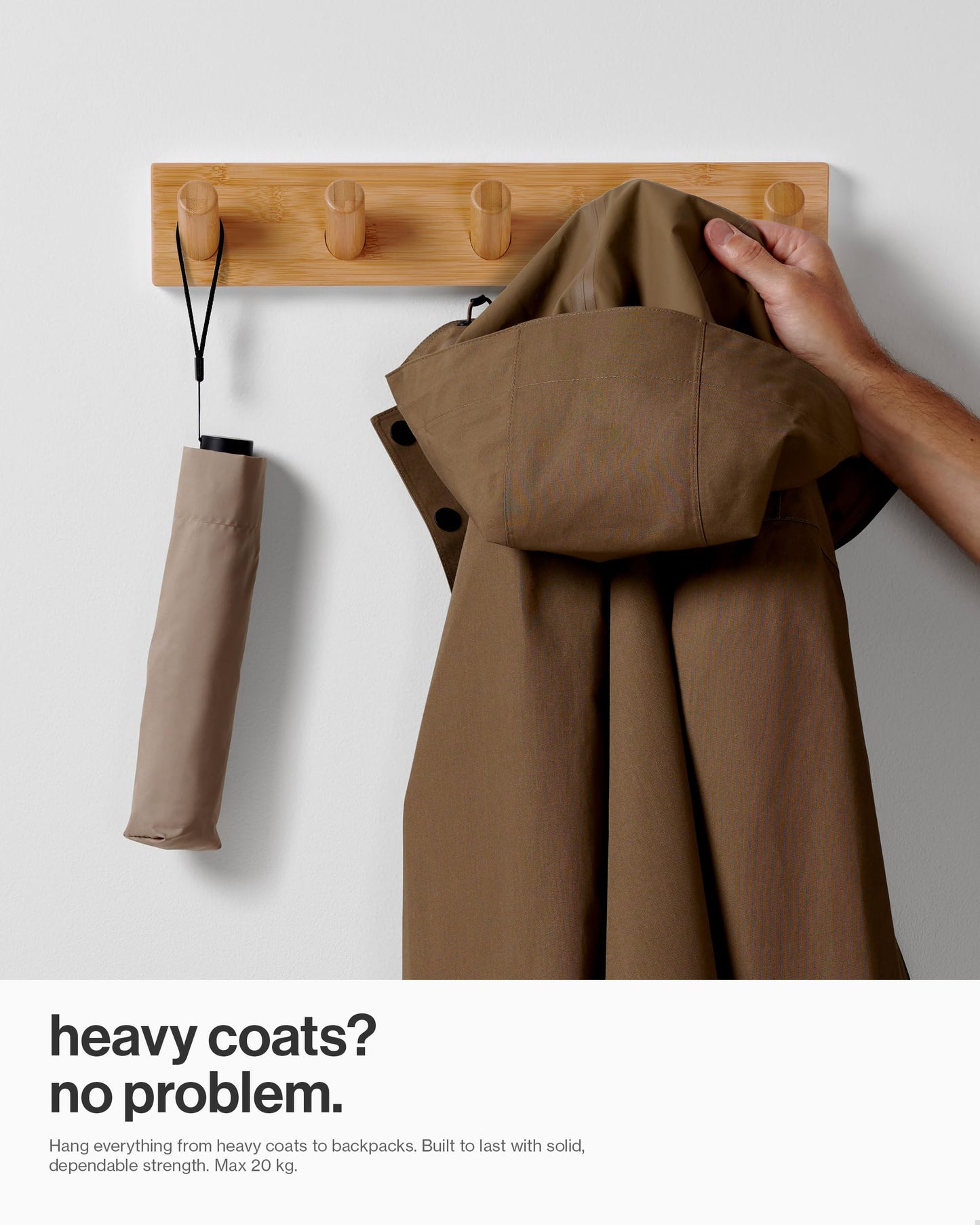 LARHN Wall Mounted Coat Rack with 5 Heavy-Duty 1" Diameter Hooks (2-Pack), 16.5" - Wooden Wall Hook Rack - Modern Scandinavian Home Decor