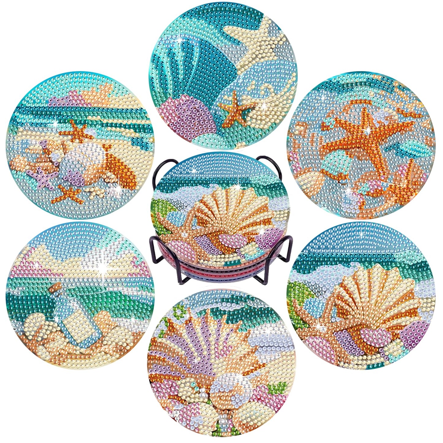 Leatrice Ocean Diamond Art Coasters Set of 6, Small Diamond Painting Kits for Adults Beginners Women, Gem Art Coasters with Holder, Funny Arts Supplies for Kitchen Decor