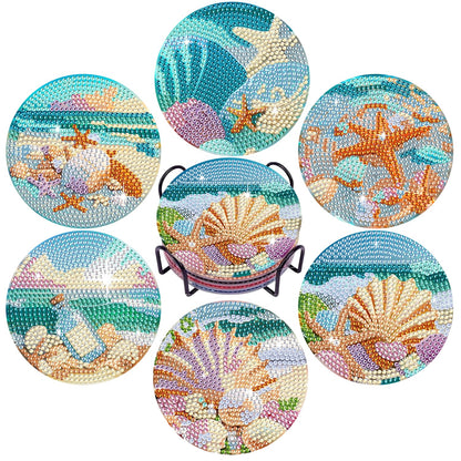 Leatrice Ocean Diamond Art Coasters Set of 6, Small Diamond Painting Kits for Adults Beginners Women, Gem Art Coasters with Holder, Funny Arts Supplies for Kitchen Decor