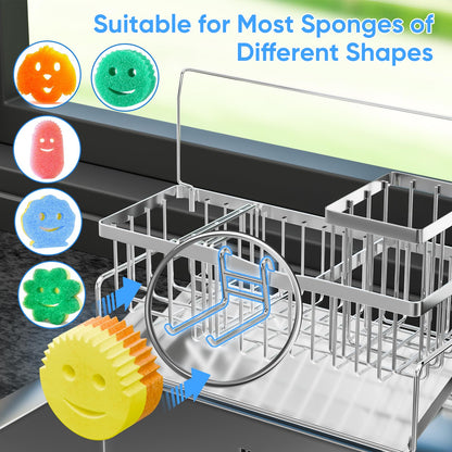 Adurei Sponge Holder for Kitchen Sink 304 Stainless Steel Self-Draining Sink Caddy with Smiley Face Sponge and Brush Holder Towel Bar and Divider Kitchen Gadgets Organizer for Countertop, Black