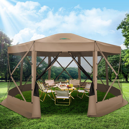 COBIZI 15x15FT Pop Up Gazebo Screen Tent Screen House for Camping, Screen Room with Mosquito Netting, Hub Tent Instant Screened Canopy with Carrying Bag and Ground Stakes, Khaki(Upgraded)